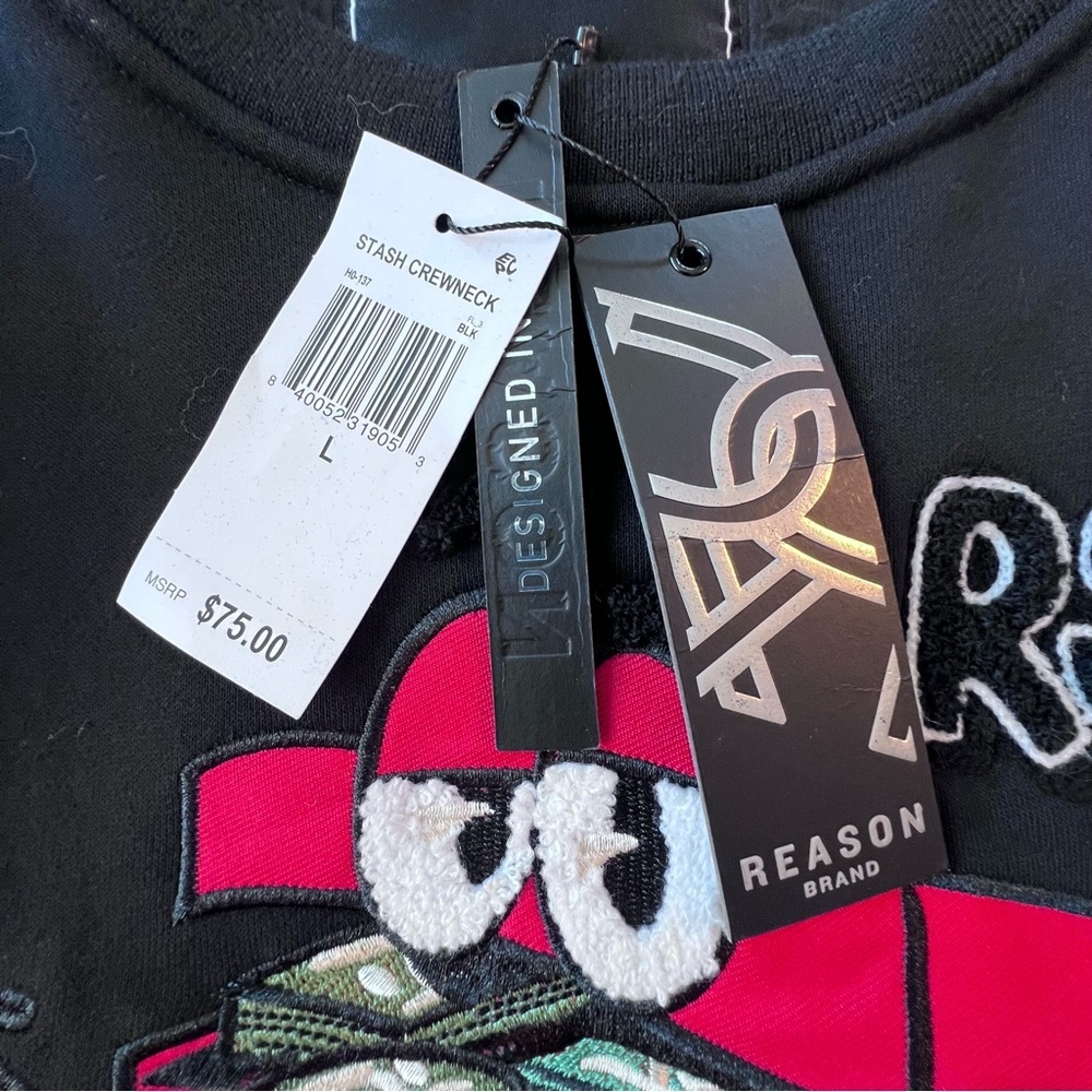 Reason Sweatshirt Men’s Lg Crewneck Black/Red Stash Box Embroidered Patch NWT - Picture 10 of 10